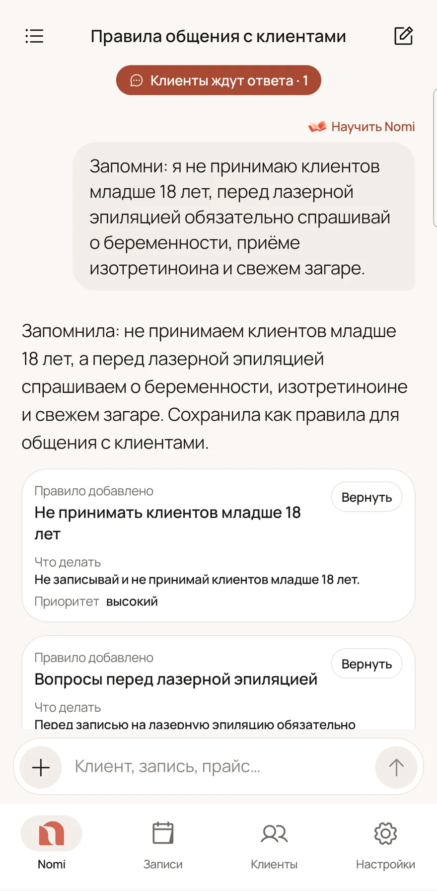Android: «Научить Nomi» — два правила салона добавлены из одного сообщения
